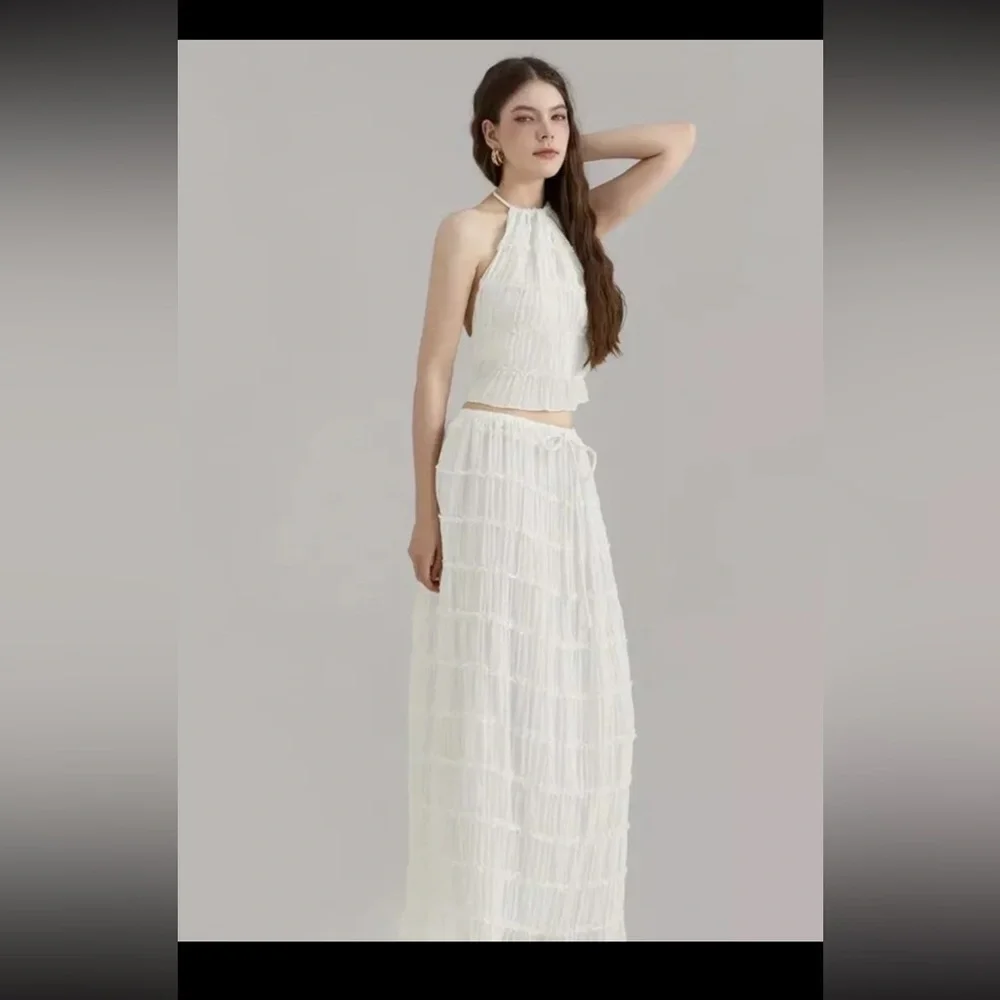 Women's Lightweight Breathable White Lace Backless Sleeveless Top & Skirt M - Picture 3 of 6